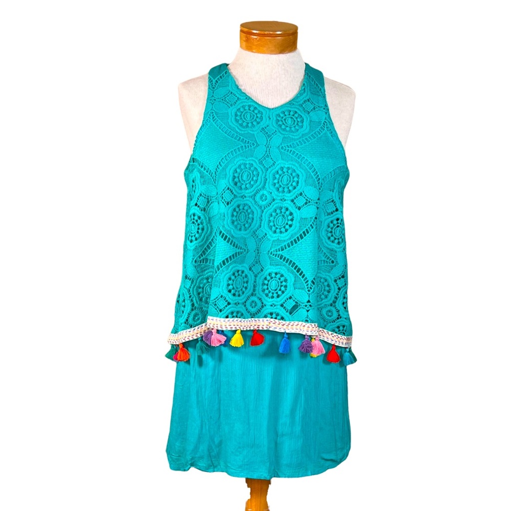 Judith March Turquoise Lacey Overlay Over Gauze Slip With Colorful Tasse…